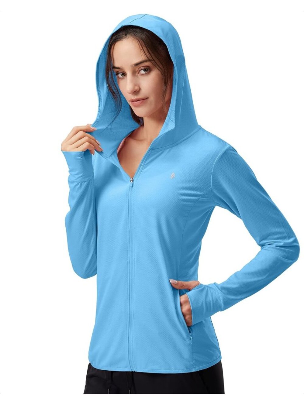 Women Blue Hoodie Thumbhole Long Sleeve Pockets Inner Pockets Full ZIP Jacket